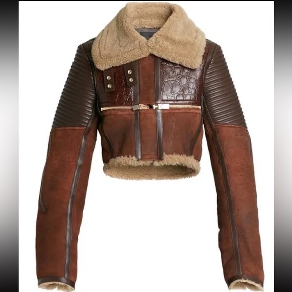 Givenchy Patchwork Leather Cropped Jacket w/ Shearling Collar - Picture 3 of 8
